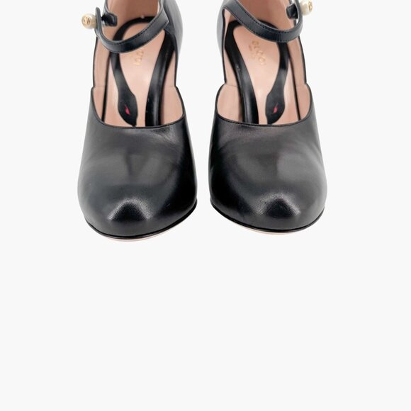 Gucci Lesley Mary Jane Pumps Size 37.5  US 7.5 Black Leather High Heel GG Pearl - Picture 7 of 15